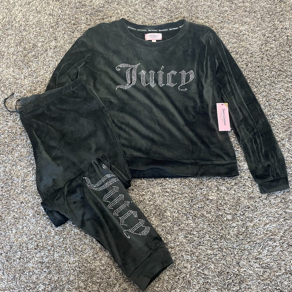 Juice Couture Velour Tracksuit Size Large Black Solid Rhinestone 2 PC Set Y2K